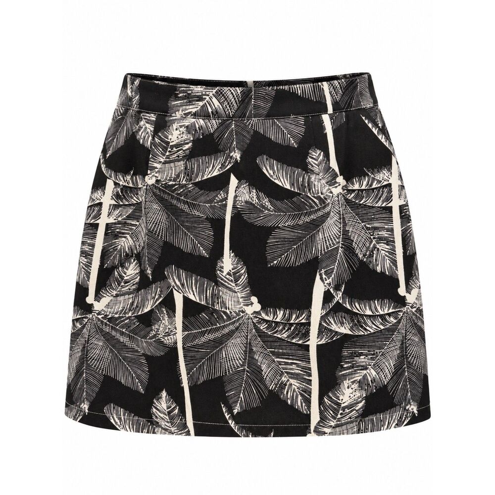 Indikah Black White Tropical Palm Leaf Zip Front Mini Skirt Size S Ring Pull